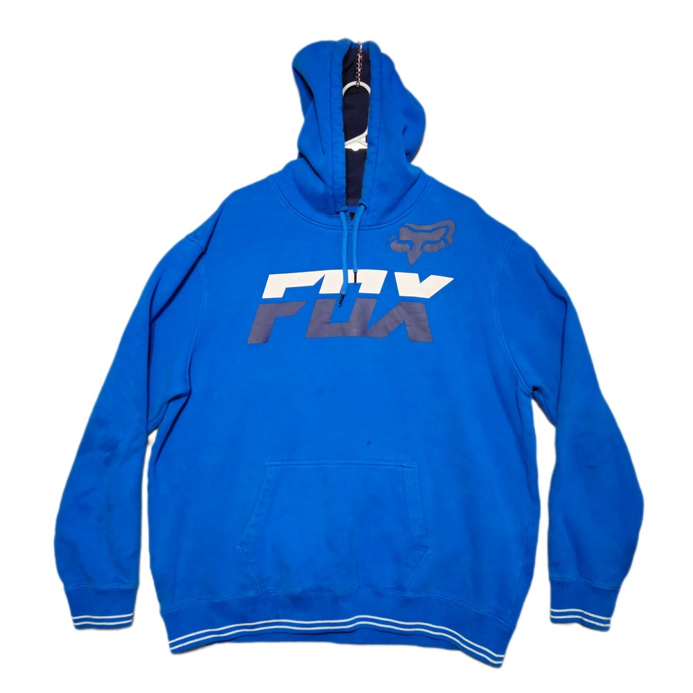 Fox Racing Pullover Hoodie Mens XXL Blue Graphic Logo Striped Cuffs 16227